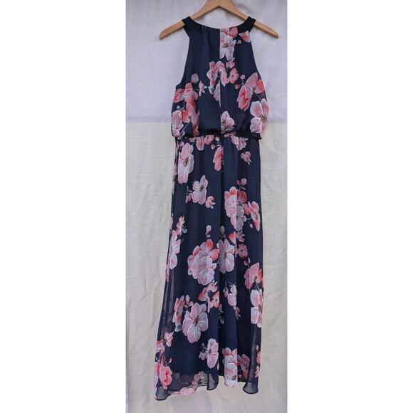 Robbie Bee Women's Halter Floral Sleeveless Maxi Dress Sz 12 Navy Orchid boho - Picture 5 of 6